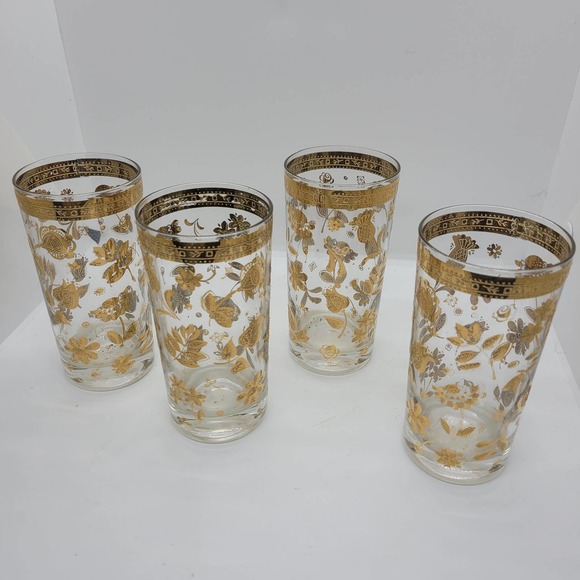 Culver Other - Vintage 60s 4 Culver Chantilly 22K Gold Print Highball Glasses Hollywood Regency